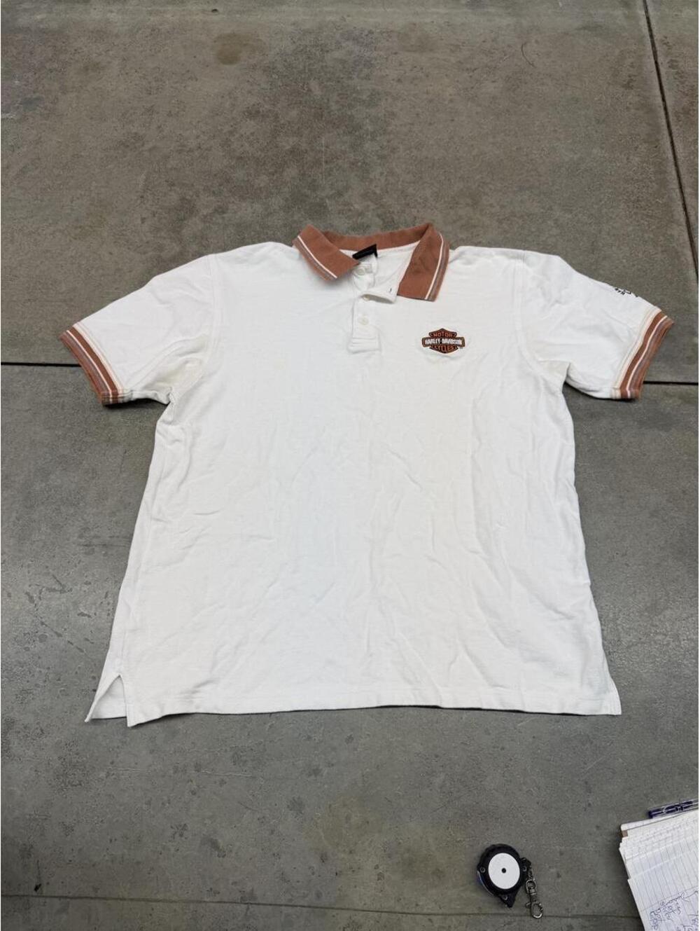 vintage harley davidson white and tan polo shirt size large HAS STAINS